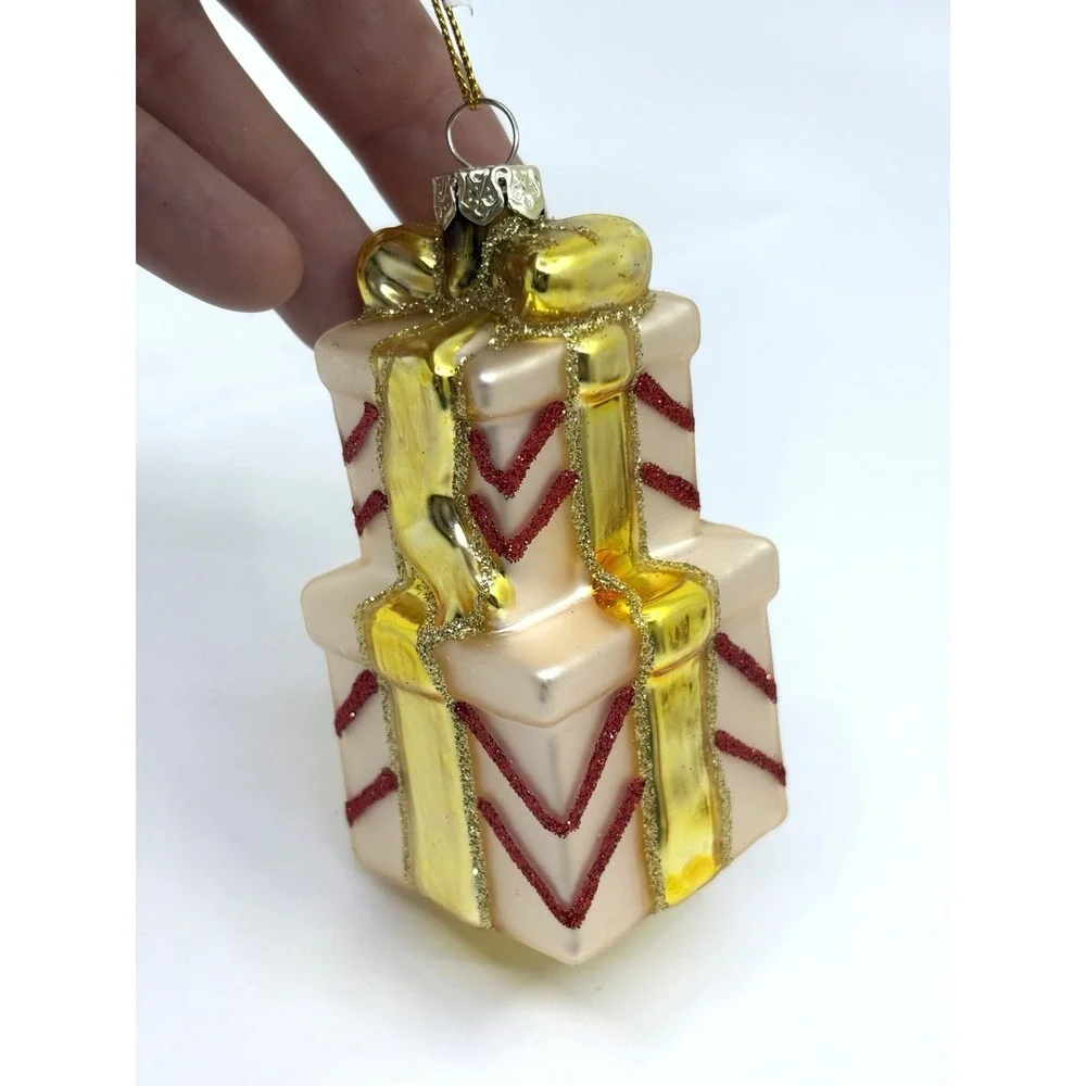 Tiered Presents Wrapped In Gold Bow Glass Christmas Ornament New Tag